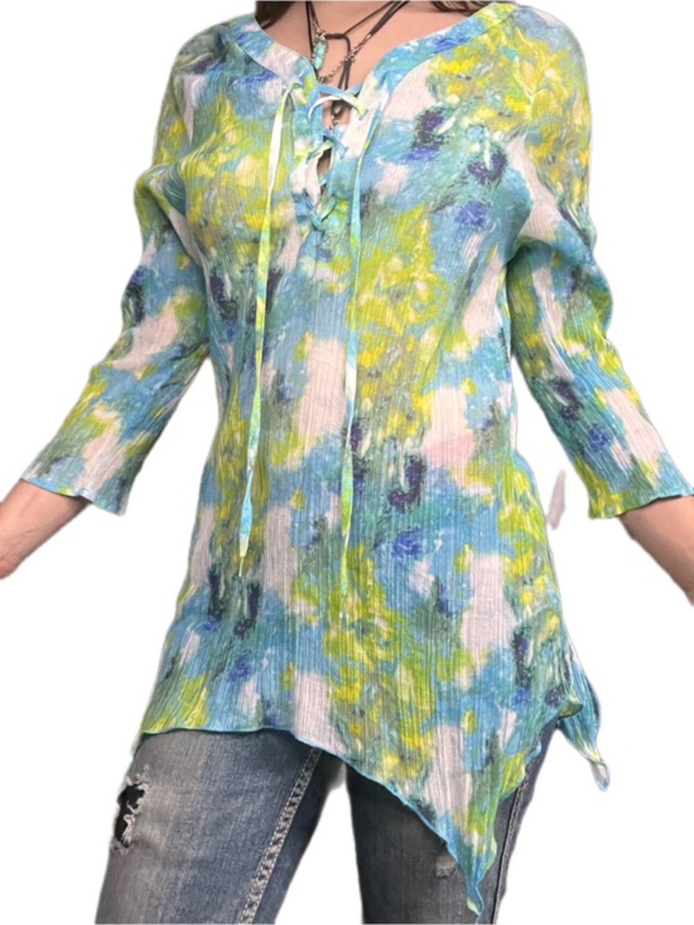 Grand & Greene Blue Green Yellow Watercolor Lace-Up Tunic – Size S – Like New